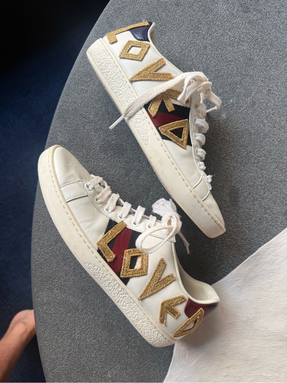 Gucci White Leather Sneakers with Gold 'LOVE' Patch and Burgundy/Navy Accents